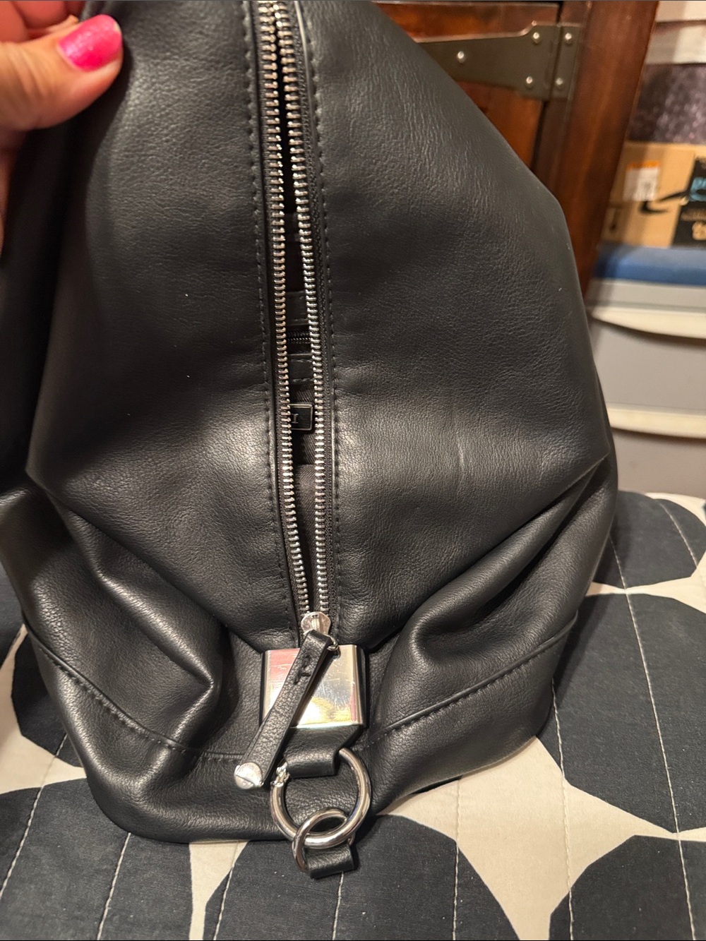 Alfani Black Leather Duffel-Style Sling Bag with Silver Hardware